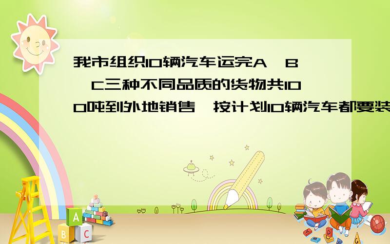 我市组织10辆汽车运完A、B、C三种不同品质的货物共100吨到外地销售,按计划10辆汽车都要装满,且每辆汽车能装一种货物,根据下表解答货物品种 A B C每辆汽车运载量（吨）12 10 8每吨货物获利