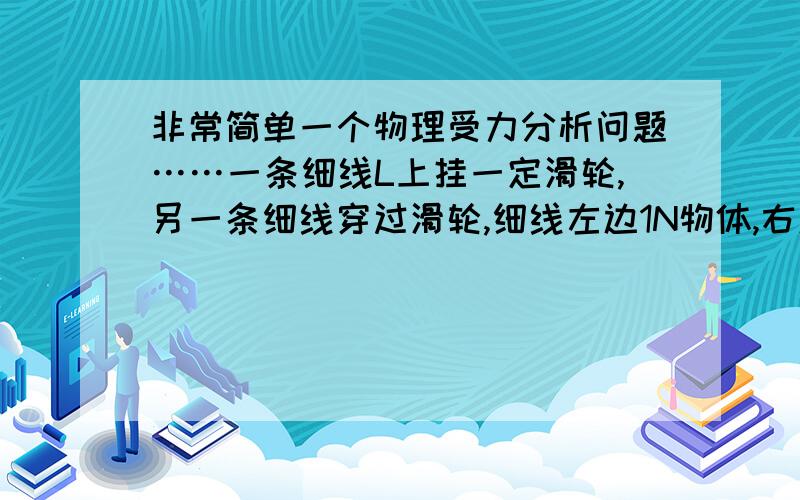 非常简单一个物理受力分析问题……一条细线L上挂一定滑轮,另一条细线穿过滑轮,细线左边1N物体,右边2N物体,那么挂定滑轮的细线L上受力几N?能把整个滑轮看做整体吗?2个物体加速度方向不