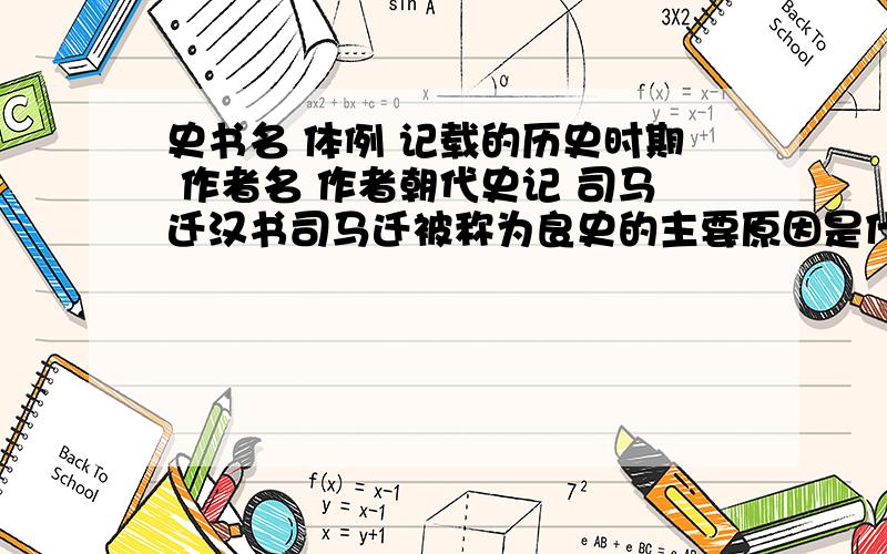 史书名 体例 记载的历史时期 作者名 作者朝代史记 司马迁汉书司马迁被称为良史的主要原因是什么?表格帮忙填下