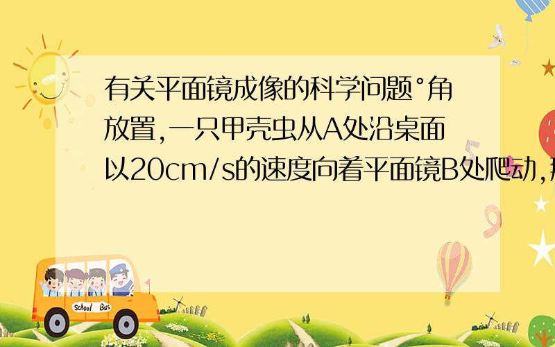 有关平面镜成像的科学问题°角放置,一只甲壳虫从A处沿桌面以20cm/s的速度向着平面镜B处爬动,那么,平面镜中甲壳虫的虚像像甲壳虫靠拢的速度大小是多少?平面镜与桌面成45度角放置