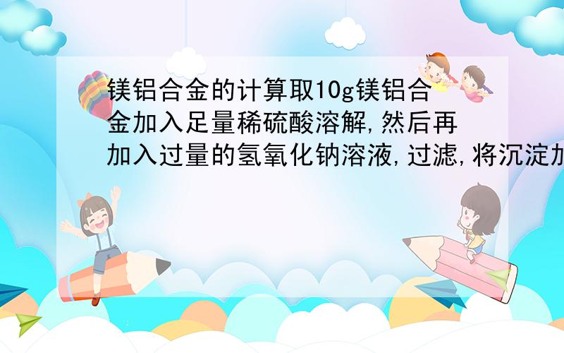 镁铝合金的计算取10g镁铝合金加入足量稀硫酸溶解,然后再加入过量的氢氧化钠溶液,过滤,将沉淀加热灼烧,所得固体质量为10g,求镁铝合金中铝的质量分数.不是很懂