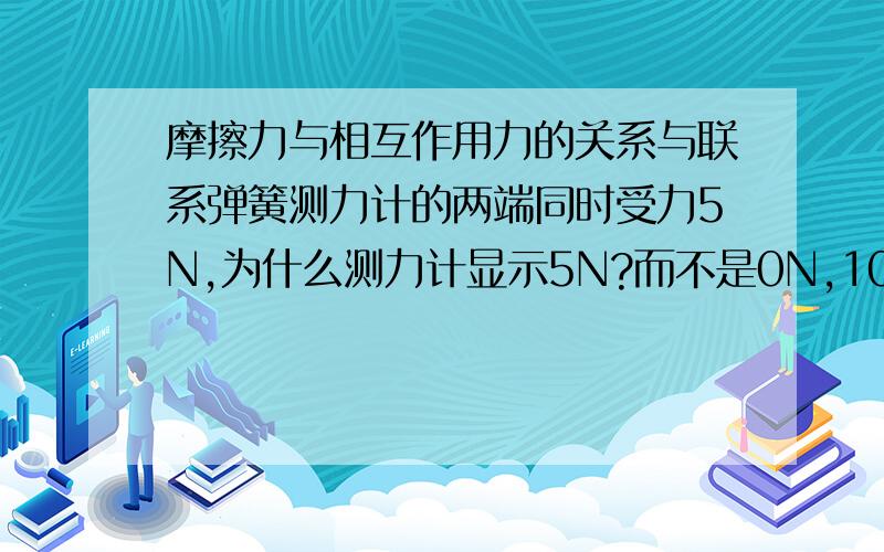 摩擦力与相互作用力的关系与联系弹簧测力计的两端同时受力5N,为什么测力计显示5N?而不是0N,10N呢?为什么当摩擦力等于拉力时马能拉动车?他们应该是一对平衡力,是静止状态呢?当摩擦力大于