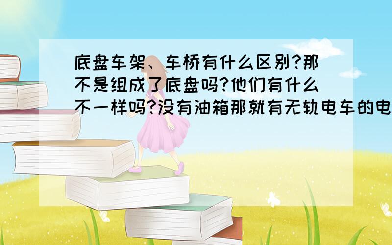 底盘车架、车桥有什么区别?那不是组成了底盘吗?他们有什么不一样吗?没有油箱那就有无轨电车的电动机麽?没有发动机那就有无轨电车的电动机麽?