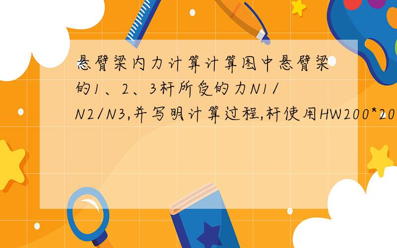 悬臂梁内力计算计算图中悬臂梁的1、2、3杆所受的力N1/N2/N3,并写明计算过程,杆使用HW200*200*8*12 Q235B ,挂重物10吨（已经包括自重）