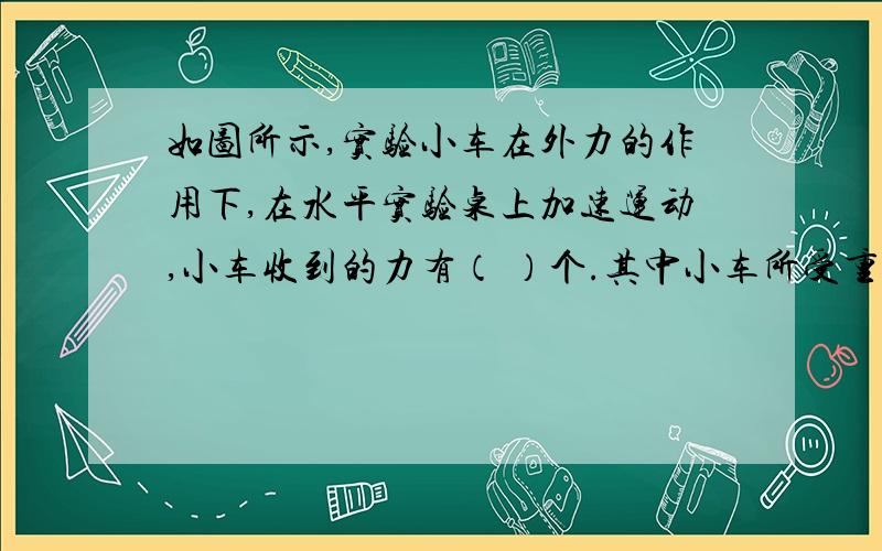 如图所示,实验小车在外力的作用下,在水平实验桌上加速运动,小车收到的力有（ ）个.其中小车所受重力的平衡力是（   ）,作用在（  ）上,小车所受摩擦力的反作用力作用在（  ）上,方向（