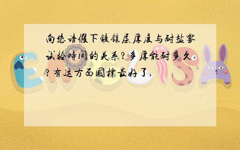 向您请假下镀镍层厚度与耐盐雾试验时间的关系?多厚能耐多久?有这方面国标最好了,