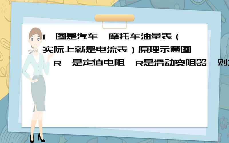 1、图是汽车、摩托车油量表（实际上就是电流表）原理示意图,R′是定值电阻,R是滑动变阻器,则: