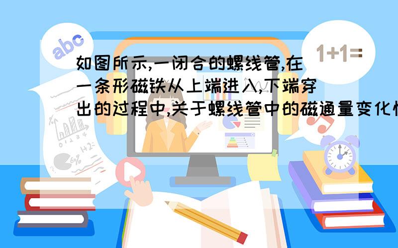 如图所示,一闭合的螺线管,在一条形磁铁从上端进入,下端穿出的过程中,关于螺线管中的磁通量变化情况?