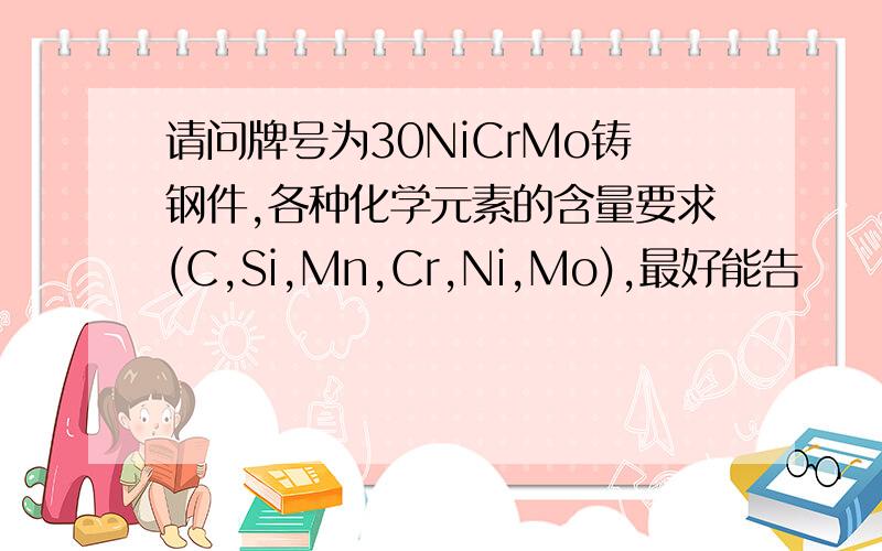 请问牌号为30NiCrMo铸钢件,各种化学元素的含量要求(C,Si,Mn,Cr,Ni,Mo),最好能告