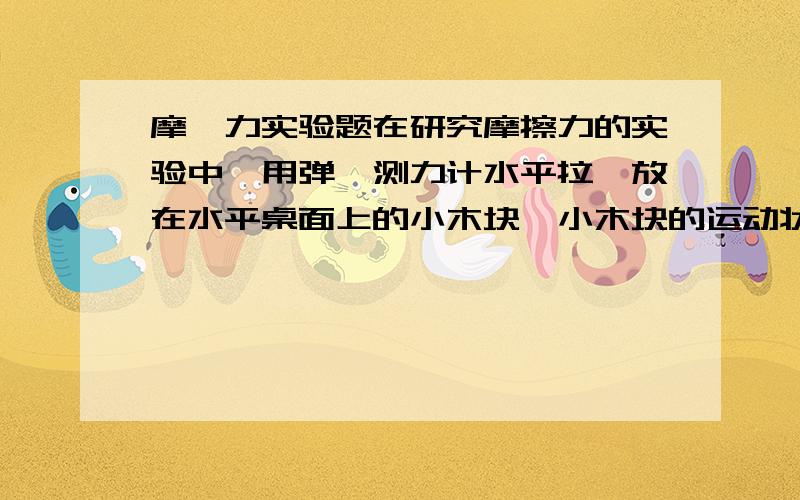 摩檫力实验题在研究摩擦力的实验中,用弹簧测力计水平拉一放在水平桌面上的小木块,小木块的运动状态及弹簧测力计的读数如下表所示（每次实验时,木块与桌面的接触面相同） 实验次数