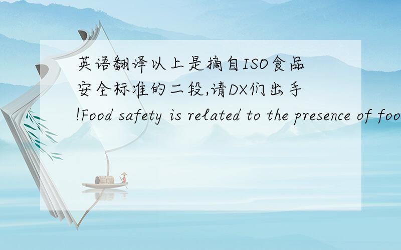 英语翻译以上是摘自ISO食品安全标准的二段,请DX们出手!Food safety is related to the presence of food-borne hazards in food at the point of consumption (intake by the consumer).As the introduction of food safety hazards can occur at