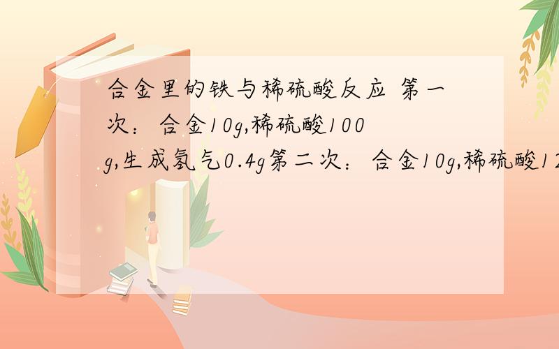 合金里的铁与稀硫酸反应 第一次：合金10g,稀硫酸100g,生成氢气0.4g第二次：合金10g,稀硫酸120g,生成氢气为M第三次：合金40g,稀硫酸100g,生成氢气0.4g求M,为什么,刚考的,很想知道