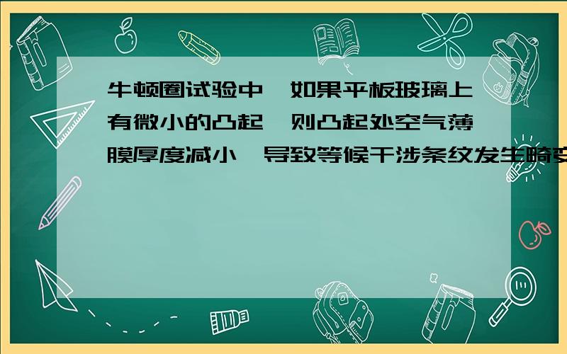 牛顿圈试验中,如果平板玻璃上有微小的凸起,则凸起处空气薄膜厚度减小,导致等候干涉条纹发生畸变试问这是牛顿环将局部内凹还是外凸.要有图解