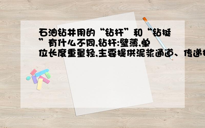 石油钻井用的“钻杆”和“钻挺”有什么不同,钻杆:壁薄,单位长度重量轻,主要提供泥浆通道、传递拉力和扭矩.钻挺:壁厚,单位长度重量重,主要提...这个我看到了,还是不能解释清楚区别谁能