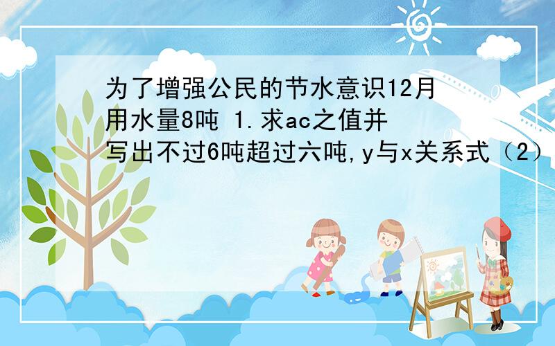 为了增强公民的节水意识12月用水量8吨 1.求ac之值并写出不过6吨超过六吨,y与x关系式（2）若该户今年1月份用水5.5吨,2月份因过节用水9吨,求出各月应交的水费