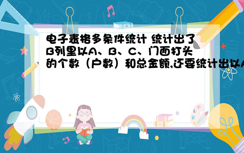 电子表格多条件统计 统计出了B列里以A、B、C、门面打头的个数（户数）和总金额,还要统计出以A、B、C、等打头的交费个数（户数）及金额,交费金额在E列.