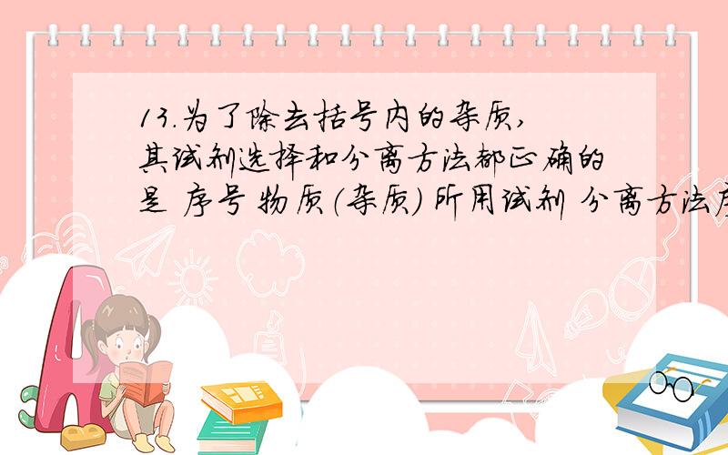 13．为了除去括号内的杂质,其试剂选择和分离方法都正确的是 序号 物质（杂质） 所用试剂 分离方法序号物质（杂质）所用试剂分离方法A溴苯（Br2）苯萃取分液B硝基苯（HNO3）水分液CC2H4（S