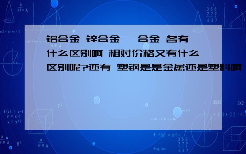 铝合金 锌合金 钛合金 各有什么区别啊 相对价格又有什么区别呢?还有 塑钢是是金属还是塑料啊