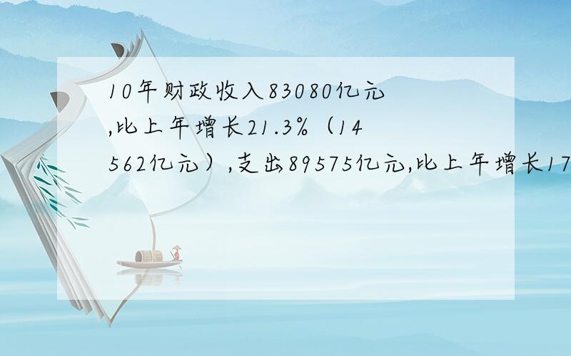 10年财政收入83080亿元,比上年增长21.3%（14562亿元）,支出89575亿元,比上年增长17.4％（13275亿元）,这种收支情况属于：A、说明我国财政收支处于最理想状态B、说明我国存在财政赤字C、会使债