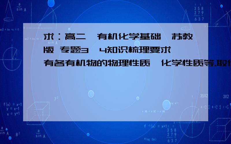 求：高二《有机化学基础》苏教版 专题3、4知识梳理要求,有各有机物的物理性质、化学性质等.取代、加成的反应的分类.以及 有机物、烃、基团、是有裂制、裂化、分馏、干流、同系物、同