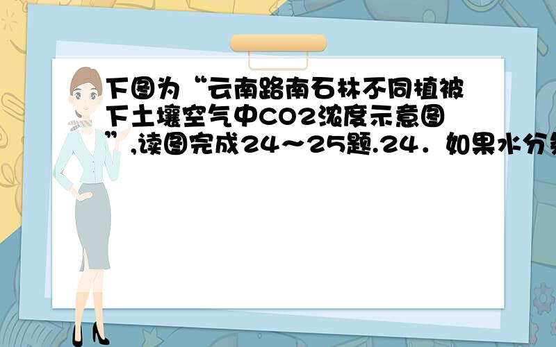 下图为“云南路南石林不同植被下土壤空气中CO2浓度示意图”,读图完成24～25题.24．如果水分条件相同,那么图中哪种植被下的土壤、岩石最易被溶蚀A．无植被耕地 B．人工草坡 C．柏树林 D．