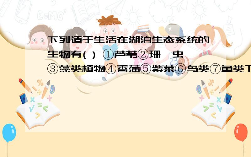 下列适于生活在湖泊生态系统的生物有( ) ①芦苇②珊瑚虫③藻类植物④香蒲⑤紫菜⑥鸟类⑦鱼类下列适于生活在湖泊生态系统的生物有( )①芦苇②珊瑚虫③藻类植物④香蒲⑤紫菜⑥鸟类⑦鱼