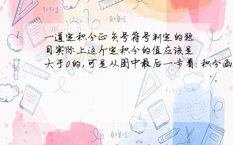 一道定积分正负号符号判定的题目实际上这个定积分的值应该是大于0的,可是从图中最后一步看：积分函数大于零,积分区间大于零,得出的答案却是小于零.不理解,难道是因为正割函数的原因?