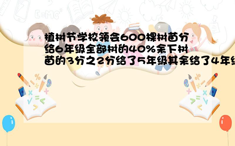 植树节学校领会600棵树苗分给6年级全部树的40%余下树苗的3分之2分给了5年级其余给了4年级五年级分得了全部树苗的几分之几?四年级分得了几棵树苗?1个月后统计出这次植树中共有18颗没成活