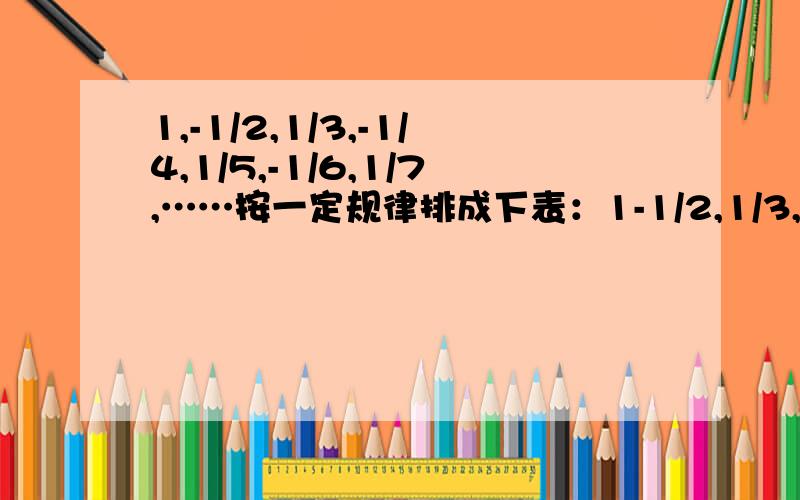 1,-1/2,1/3,-1/4,1/5,-1/6,1/7,……按一定规律排成下表：1-1/2,1/3,-1/4,1/5,-1/6,1/7,- 1/8,1/9,--1/101/11,-1/12,1/13,-1/14,1/15……第199行中,自左向右第8个数是（ ）第1999行中,自左向右第999个数是（ ）