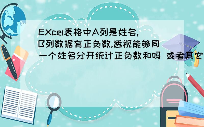 EXcel表格中A列是姓名,B列数据有正负数,透视能够同一个姓名分开统计正负数和吗 或者其它有没有公式