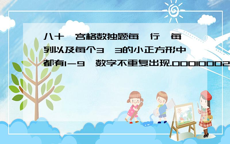 八十一宫格数独题每一行、每一列以及每个3×3的小正方形中都有1－9,数字不重复出现.000100029005000004068000000000700500020060080003009000000050160400030000700002000