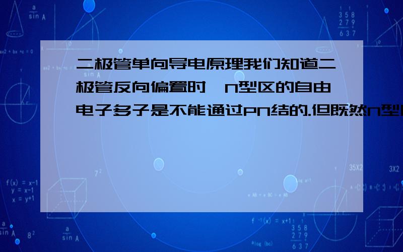 二极管单向导电原理我们知道二极管反向偏置时,N型区的自由电子多子是不能通过PN结的.但既然N型区接的是电源正极为什么自由电子还要往PN结走,而不是往电源正极走,同时电源负极电子为什