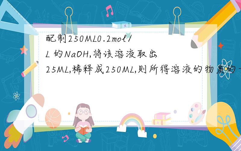 配制250ML0.2mol/L 的NaOH,将该溶液取出25ML,稀释成250ML,则所得溶液的物质的量浓度为（ ） mol/L ,此溶液中所含NaOH 物质的量为原溶液中的（ ）倍