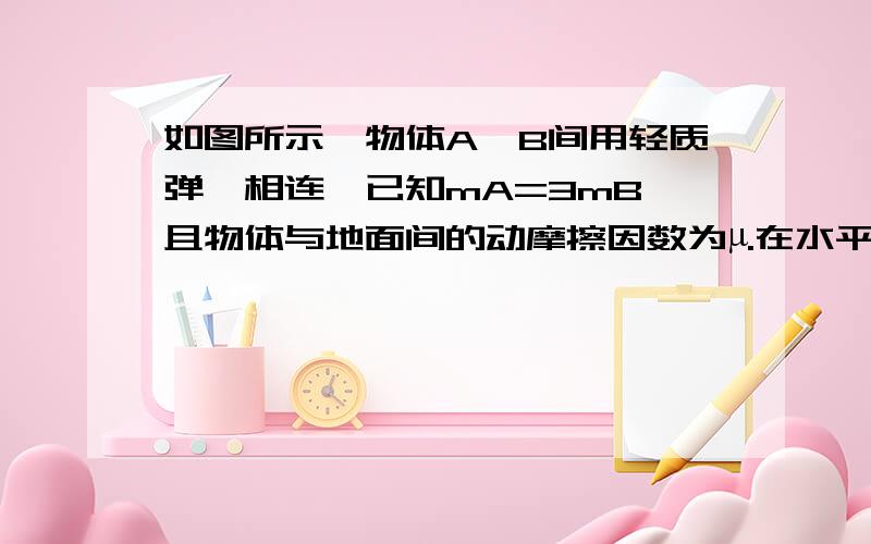 如图所示,物体A、B间用轻质弹簧相连,已知mA=3mB,且物体与地面间的动摩擦因数为µ.在水平外...如图所示,物体A、B间用轻质弹簧相连,已知mA=3mB,且物体与地面间的动摩擦因数为µ.在水平外