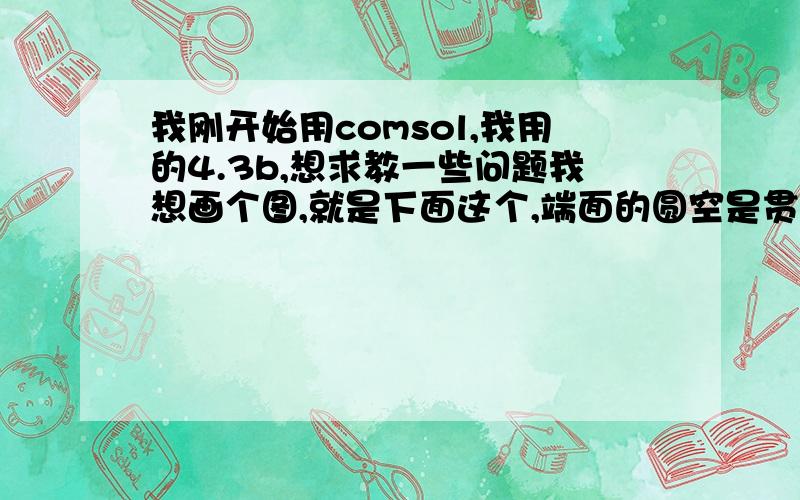 我刚开始用comsol,我用的4.3b,想求教一些问题我想画个图,就是下面这个,端面的圆空是贯穿圆柱的.我只会画大圆柱,怎样把端面上那些小圆柱加到大圆柱上啊.还有怎样设置圆柱的材料以及圆孔