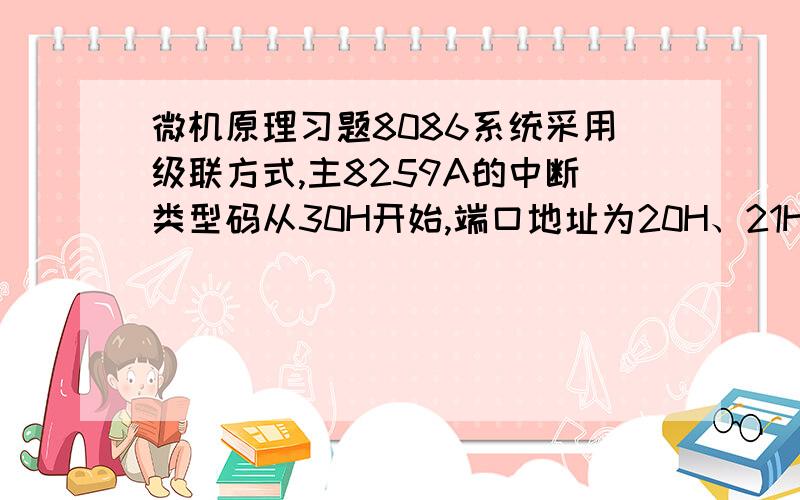 微机原理习题8086系统采用级联方式,主8259A的中断类型码从30H开始,端口地址为20H、21H,中采用边沿触发方式.从片8259A的INT接主片的IR7,从片中断类型码从40H开始,端口地址为22H、23H,采用边沿触发