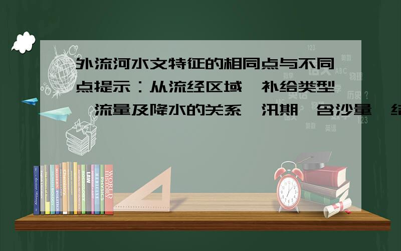 外流河水文特征的相同点与不同点提示：从流经区域,补给类型,流量及降水的关系,汛期,含沙量,结冰期等方面考虑