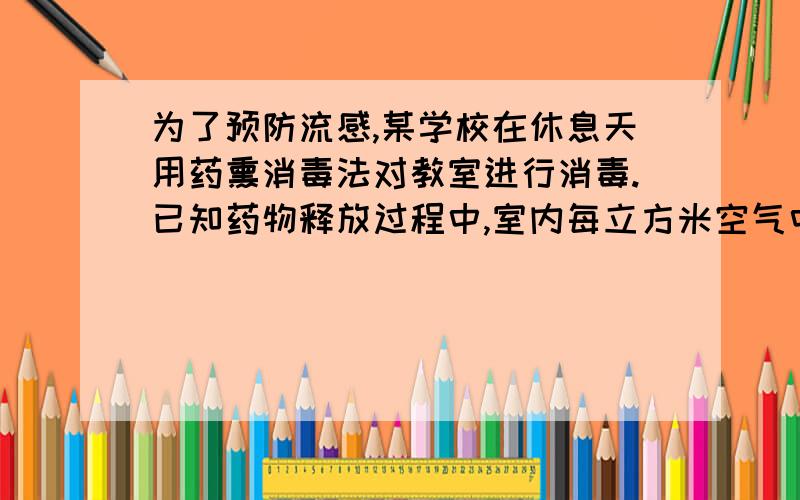 为了预防流感,某学校在休息天用药熏消毒法对教室进行消毒.已知药物释放过程中,室内每立方米空气中的含药y（毫克）与时间x（分钟）成正比例；药物释放完毕后,y与x成反比例,如图所示.根