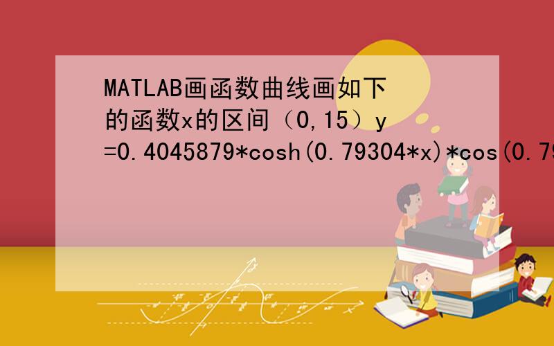 MATLAB画函数曲线画如下的函数x的区间（0,15）y=0.4045879*cosh(0.79304*x)*cos(0.79304*x)+0.3530811*sinh(0.79304*x)*sin(0.79304*x)