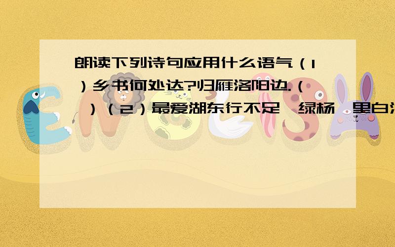 朗读下列诗句应用什么语气（1）乡书何处达?归雁洛阳边.（ ）（2）最爱湖东行不足,绿杨荫里白沙堤.（ ）（3）夕阳西下,断肠人在天涯.（ ）