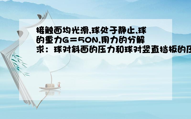 接触面均光滑,球处于静止,球的重力G＝50N,用力的分解求：球对斜面的压力和球对竖直挡板的压力?