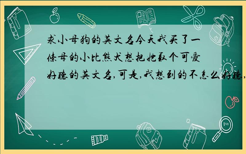 求小母狗的英文名今天我买了一条母的小比熊犬想把她取个可爱好听的英文名,可是,我想到的不怎么好听,麻烦大家了(看看下面的我举的例子拉)回答狗名字的格式:英文名:Paris中文意思:芭黎丝