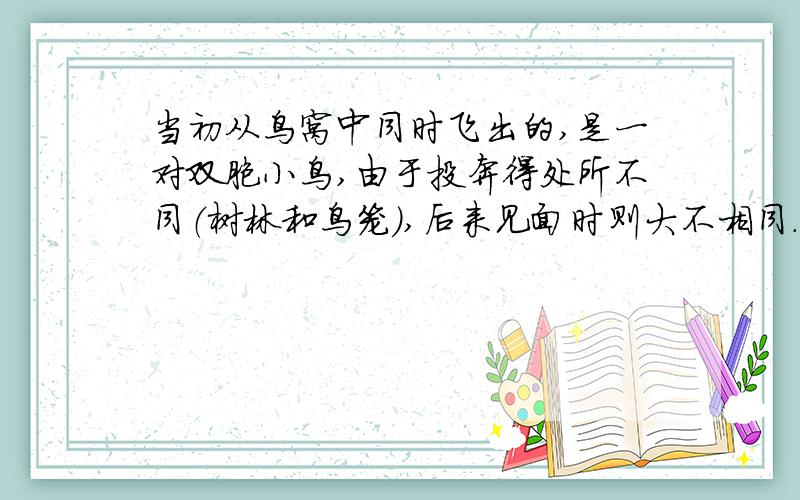 当初从鸟窝中同时飞出的,是一对双胞小鸟,由于投奔得处所不同（树林和鸟笼）,后来见面时则大不相同.写一篇文!最后的结果是进入树林的鸟长肥了,进入笼子的鸟瘦了,顺便起一个意味深远的