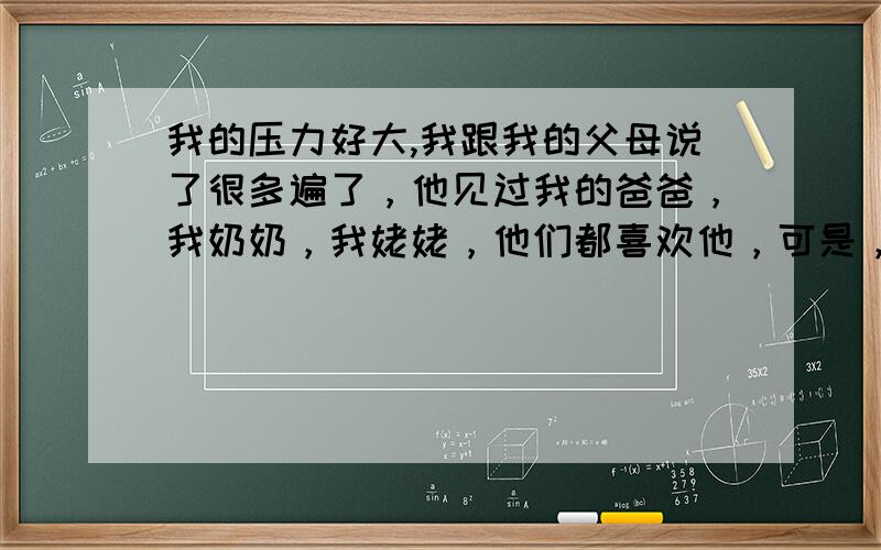 我的压力好大,我跟我的父母说了很多遍了，他见过我的爸爸，我奶奶，我姥姥，他们都喜欢他，可是，就我妈妈不同意，因为我在外地上班，一直都是我对象照顾我，我妈觉得不放心我，才