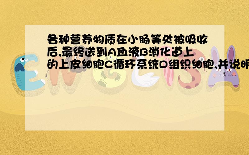 各种营养物质在小肠等处被吸收后,最终送到A血液B消化道上的上皮细胞C循环系统D组织细胞,并说明理由