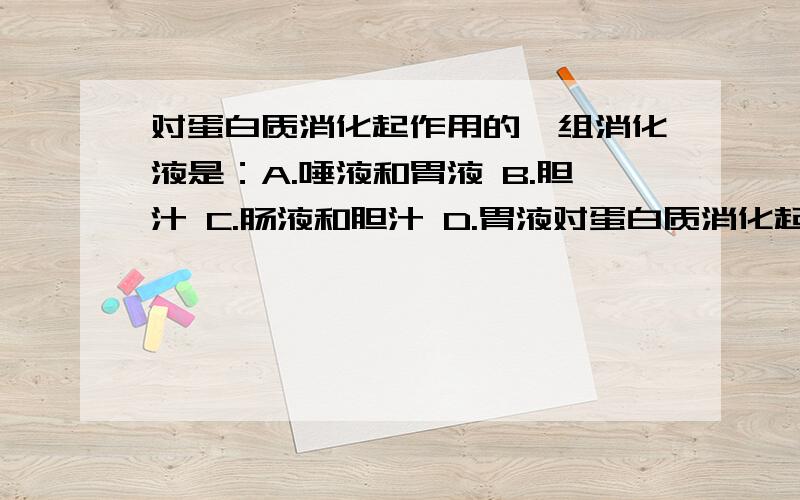 对蛋白质消化起作用的一组消化液是：A.唾液和胃液 B.胆汁 C.肠液和胆汁 D.胃液对蛋白质消化起作用的一组消化液是：A.唾液和胃液 B.胆汁 C.肠液和胆汁 D.胃液