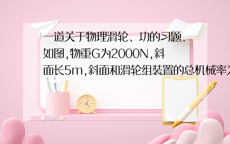 一道关于物理滑轮、功的习题.如图,物重G为2000N,斜面长5m,斜面和滑轮组装置的总机械率为80％,若将重物沿斜面以0.2m/s的速度拉上来,求：（1）所需拉力F是多少?（2）机械的总功率是多少?我还