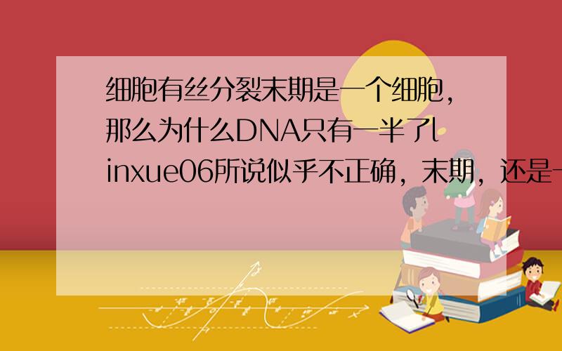 细胞有丝分裂末期是一个细胞,那么为什么DNA只有一半了linxue06所说似乎不正确，末期，还是一个细胞呀，只有结束分裂后才为两个细胞呀