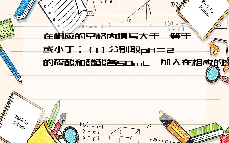 在相应的空格内填写大于、等于或小于：（1）分别取pH＝2的硫酸和醋酸各50mL,加入在相应的空格内填写大于、等于或小于：（1）分别取pH＝2的硫酸和醋酸各50mL,加入足量的镁粉,反应开始时,