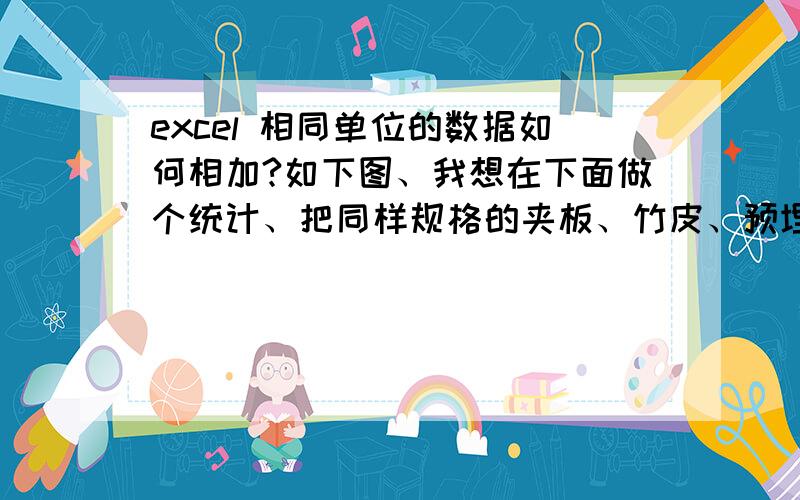 excel 相同单位的数据如何相加?如下图、我想在下面做个统计、把同样规格的夹板、竹皮、预埋件、封边皮做个统计.可以有单位、怎么弄都弄不好、请高人指教.